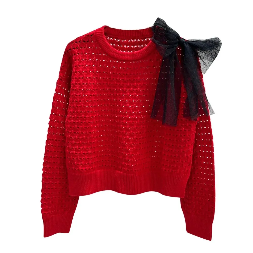 Solid Casual Knitting Sweaters For Women Round Neck Long Sleeves Patchwork Bow Elegant Temperament Sweater Female