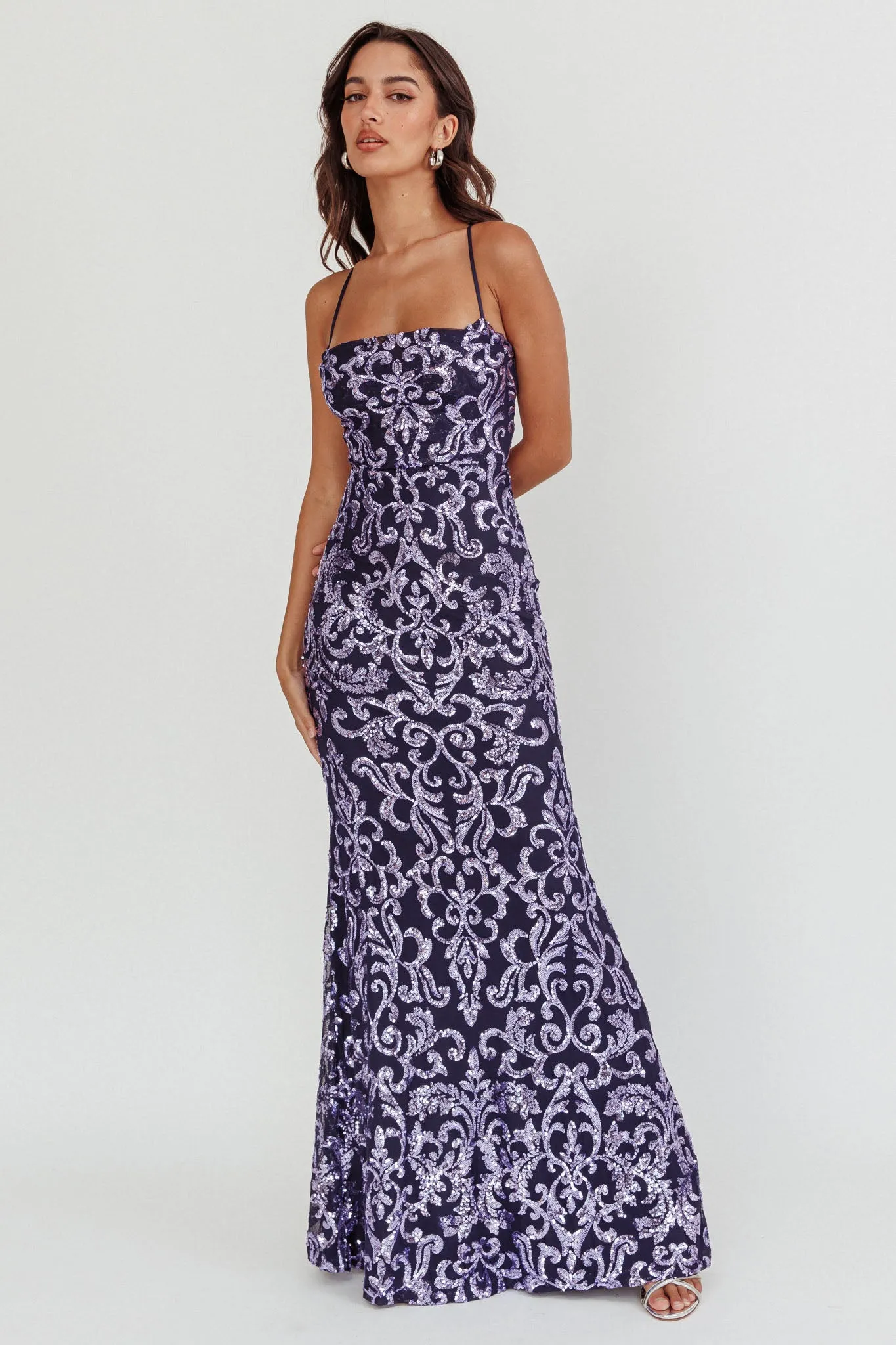 Someone New Sequin Maxi Dress Lavender/Navy