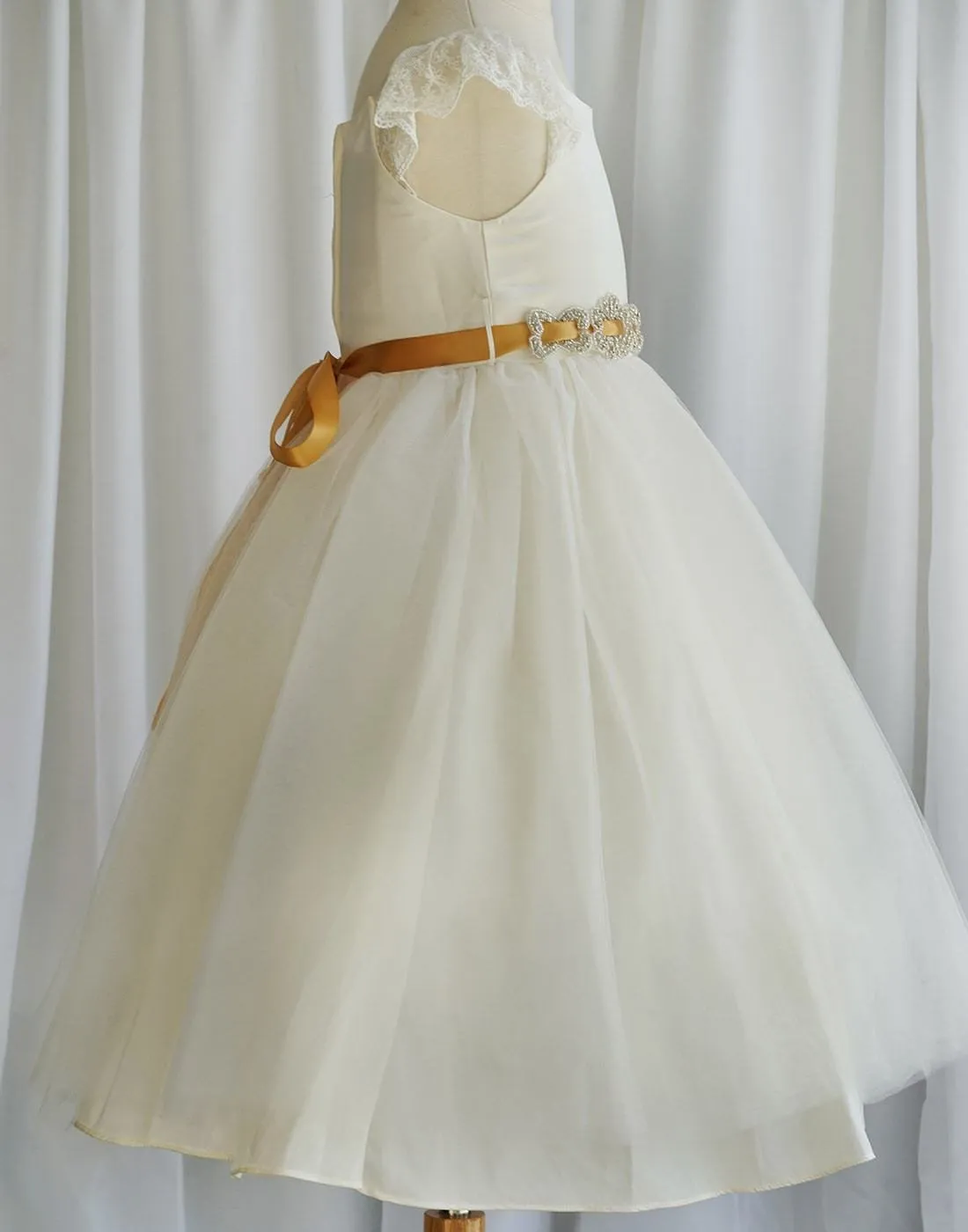 Sparkly Taffeta Bodice and Organza Overlay Skirt Dress - Ivory