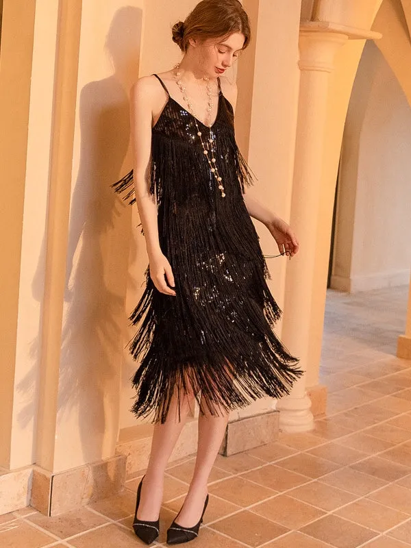 Starlight Fringe Sequined Spaghetti Strap Dress