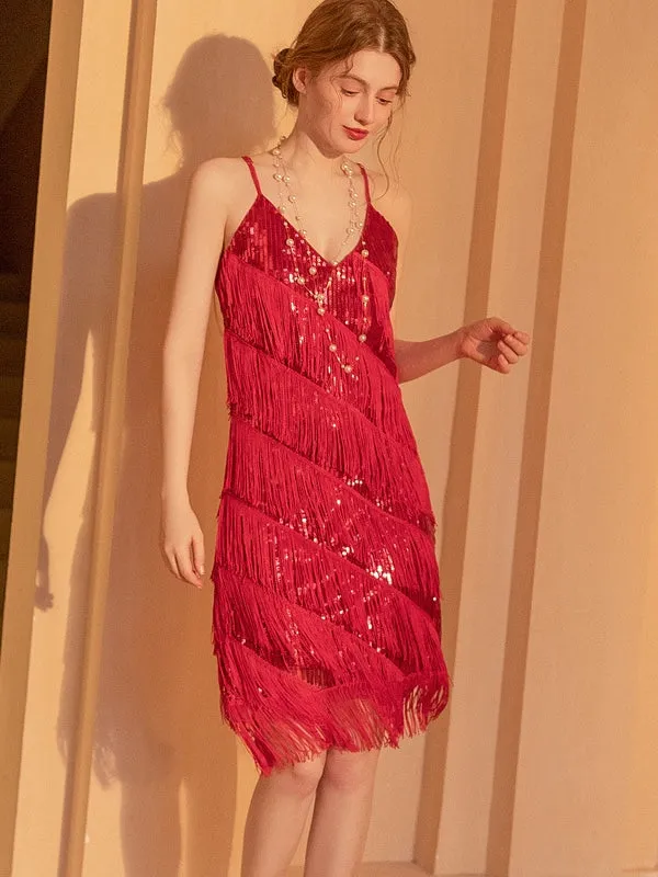 Starlight Fringe Sequined Spaghetti Strap Dress