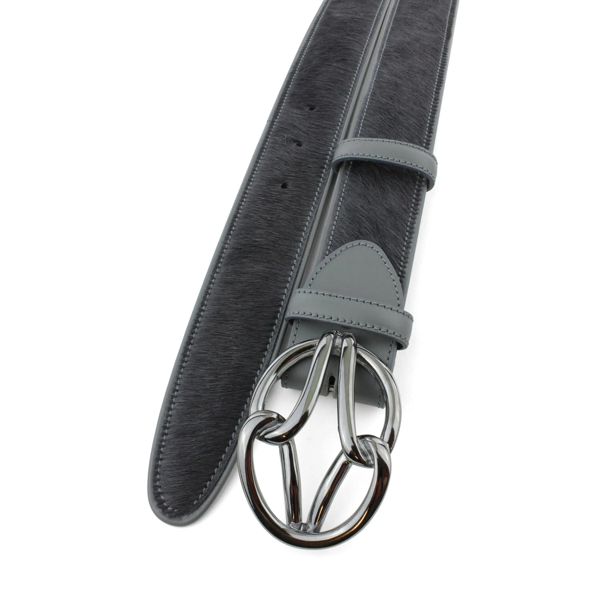 Steel grey pony hair gunmetal tubular reef knot belt