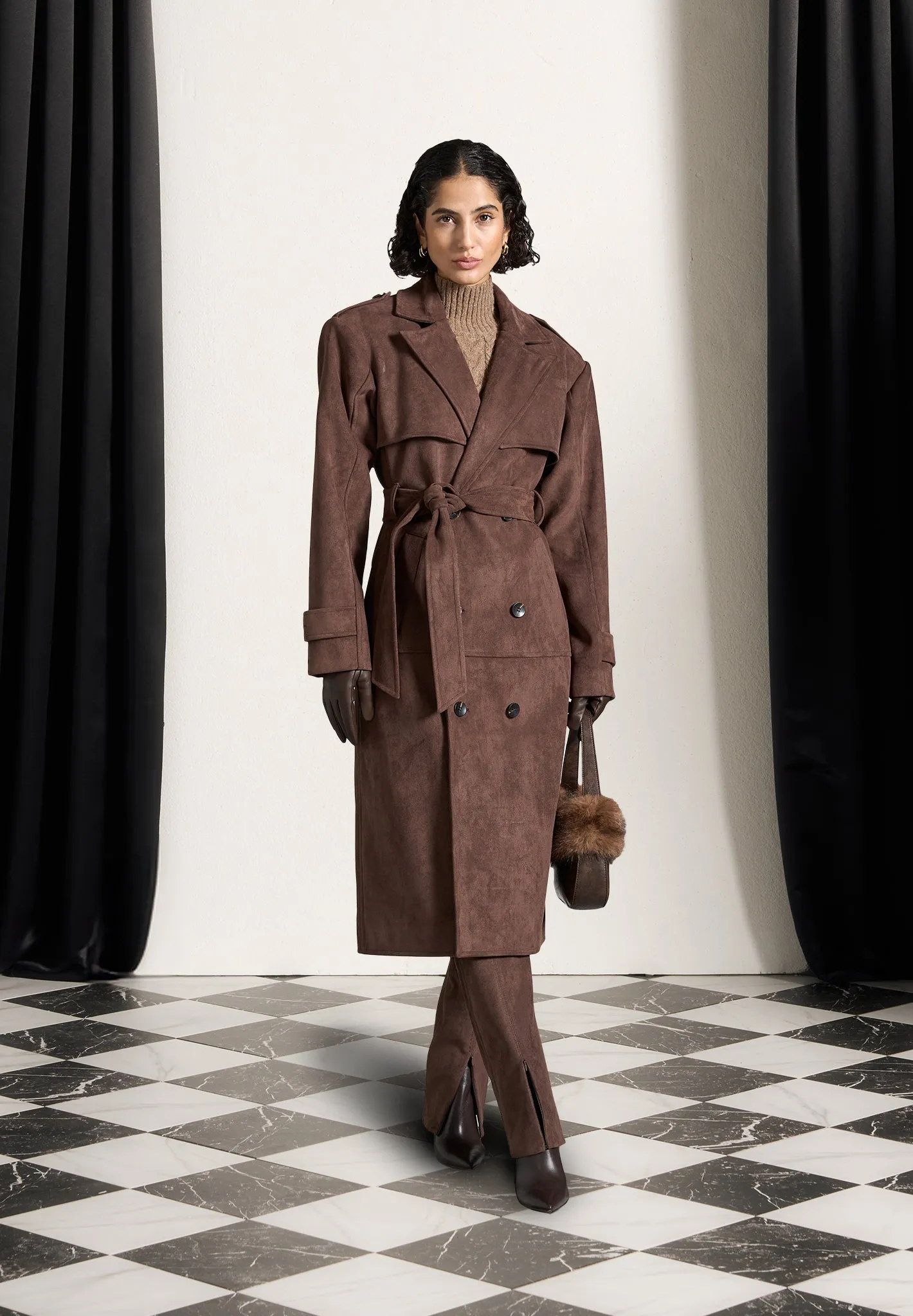 Suede Trench Coat - Brown