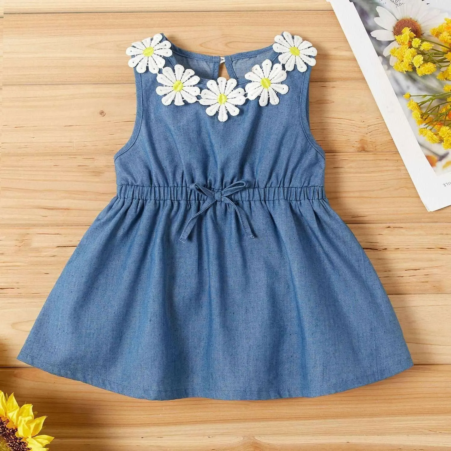 Sunflower Decor Denim Sleeveless Dress - Baby Girl