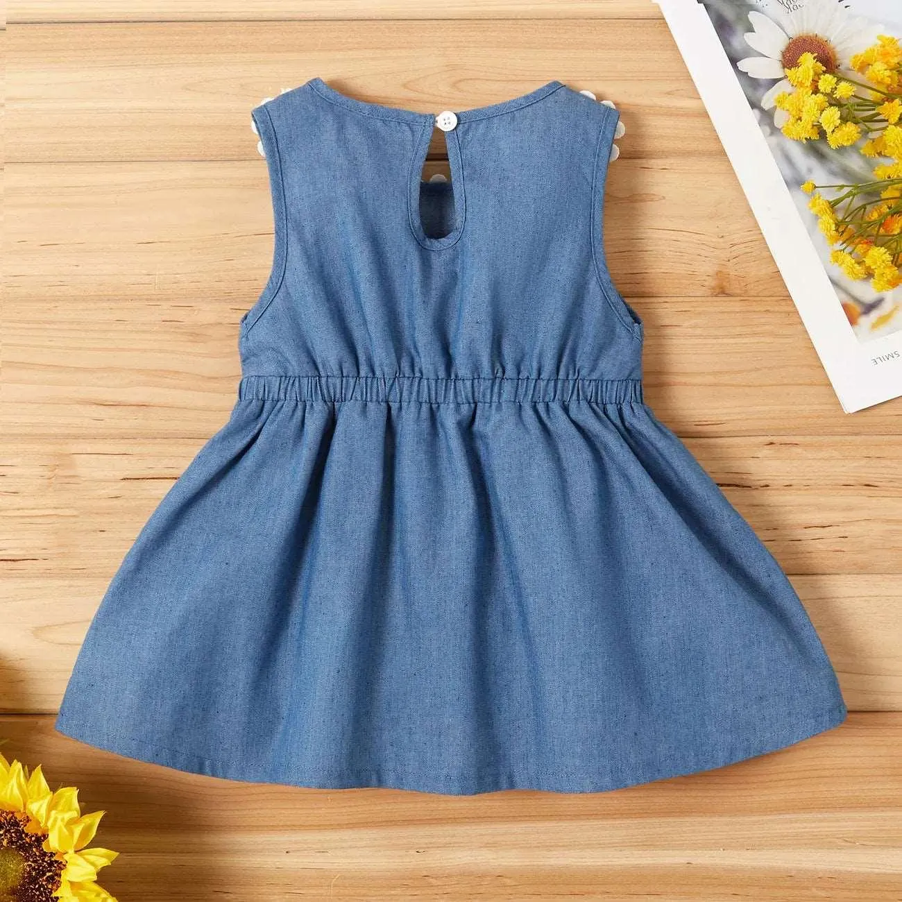 Sunflower Decor Denim Sleeveless Dress - Baby Girl