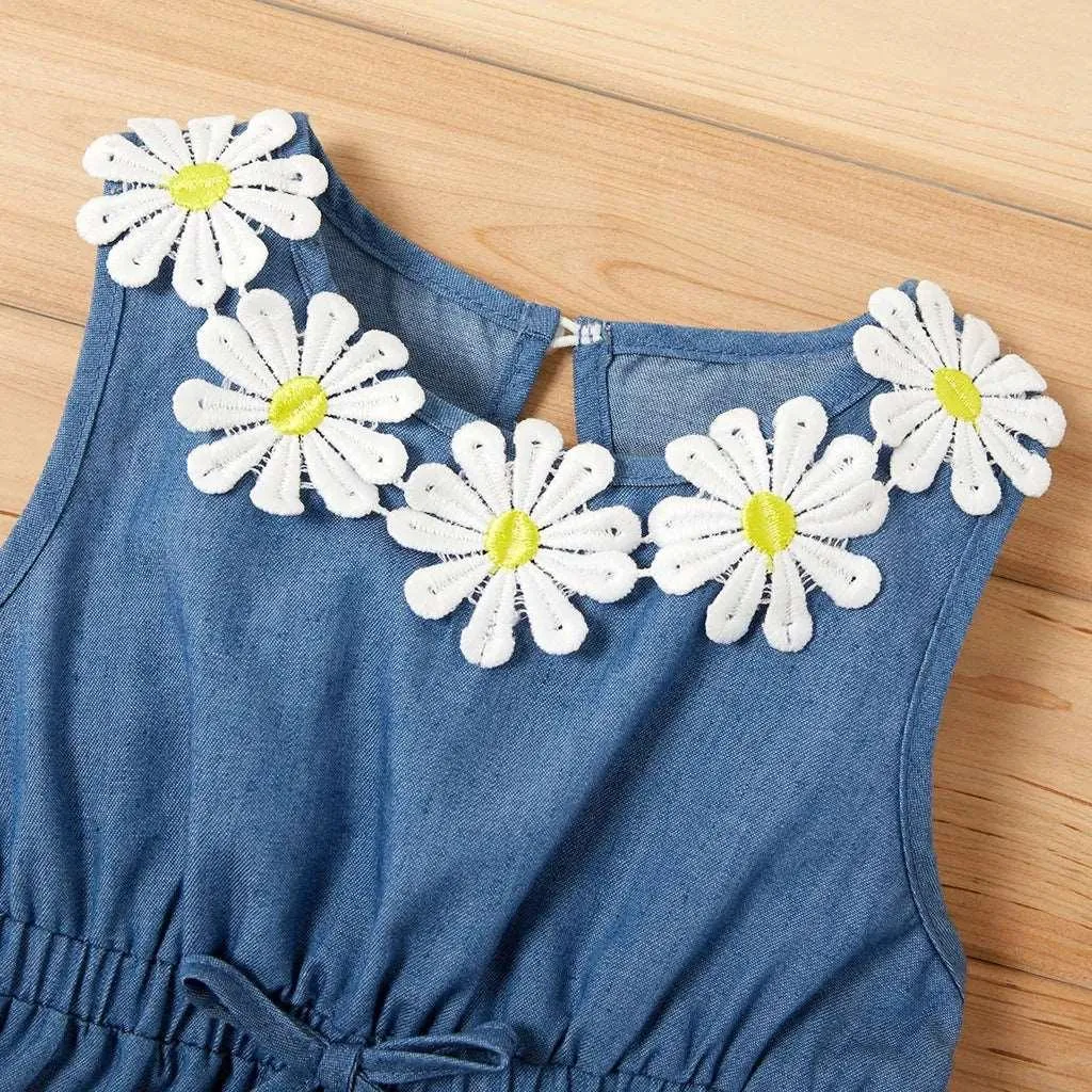 Sunflower Decor Denim Sleeveless Dress - Baby Girl