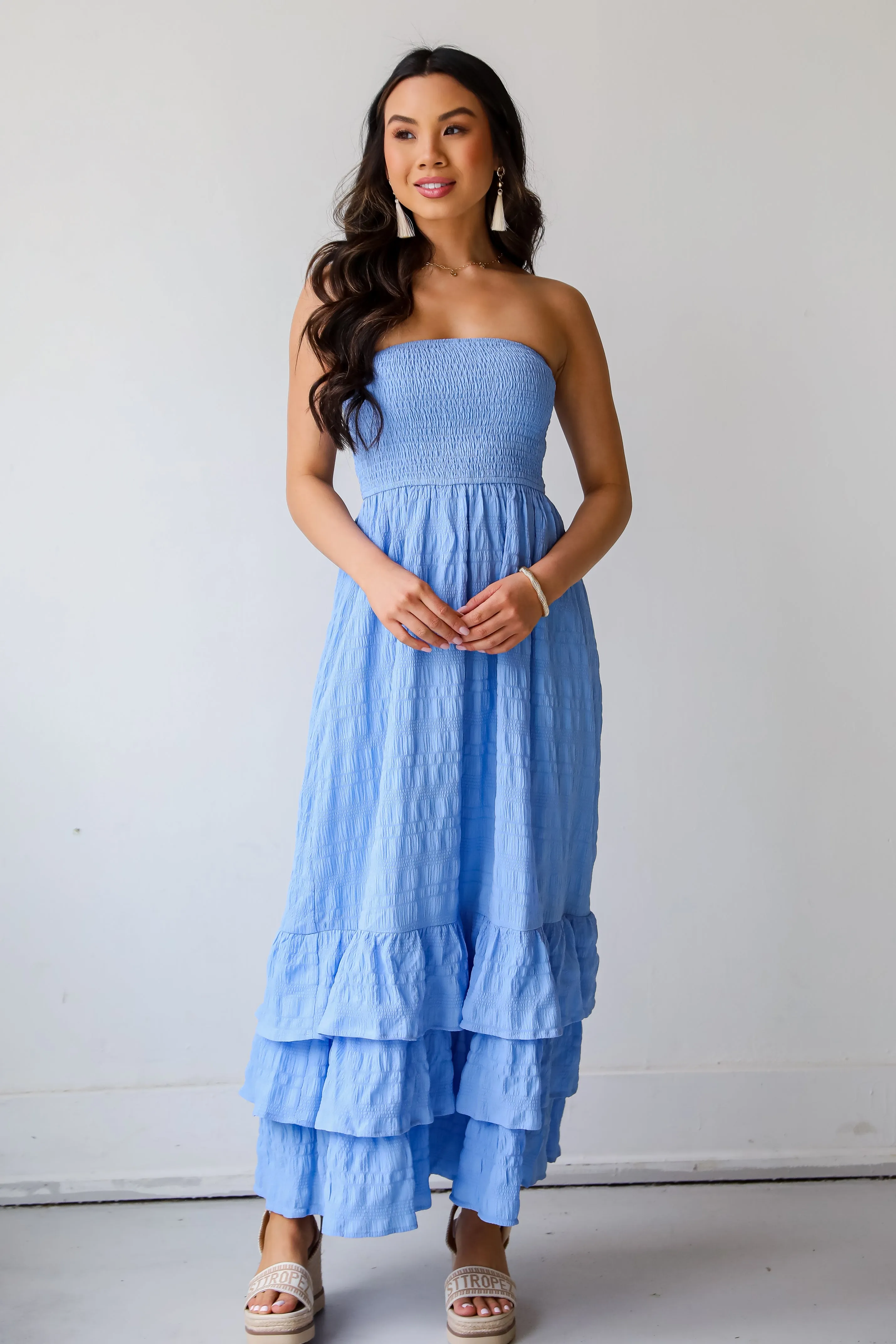 Sweetest Presence Blue Smocked Strapless Maxi Dress