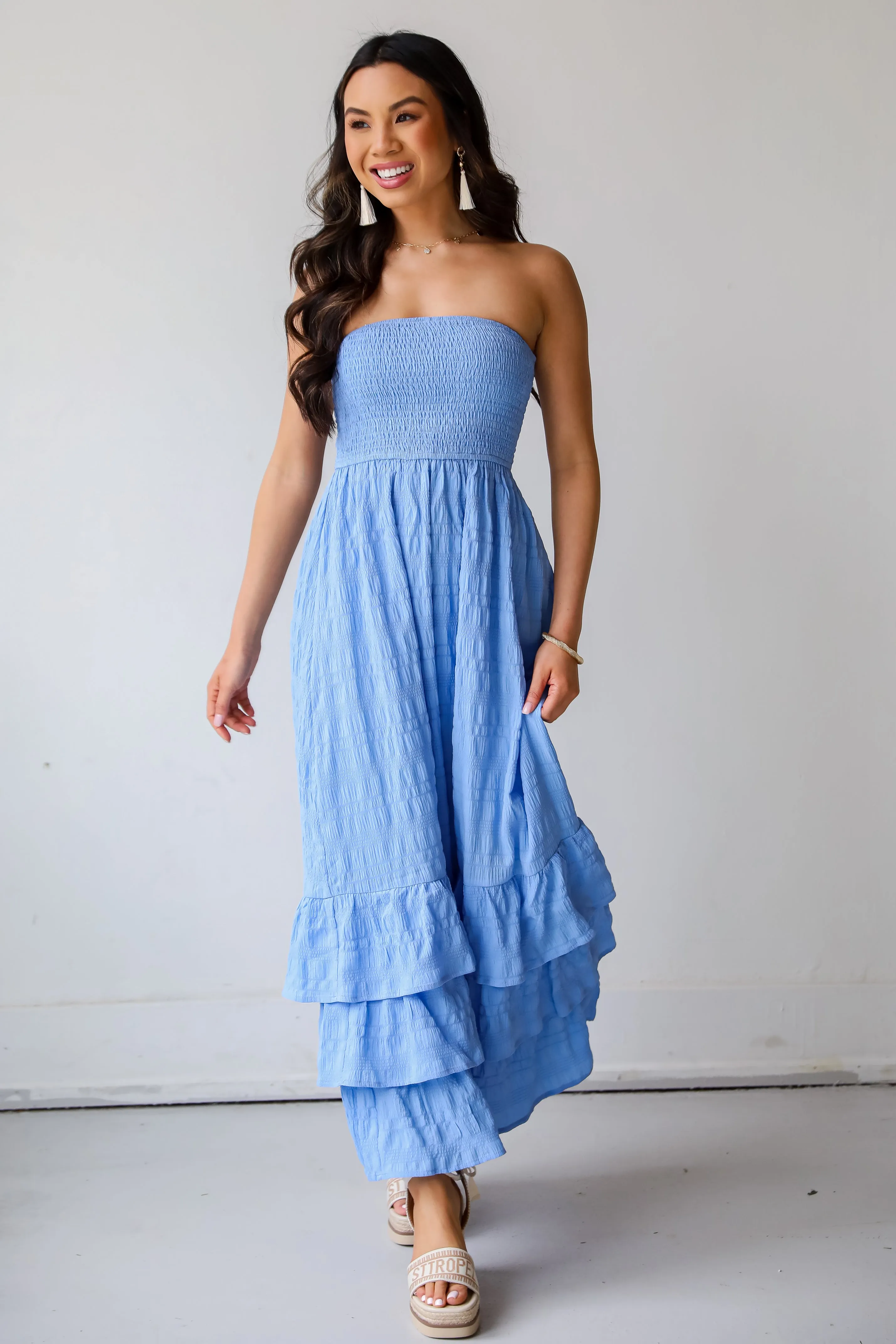 Sweetest Presence Blue Smocked Strapless Maxi Dress