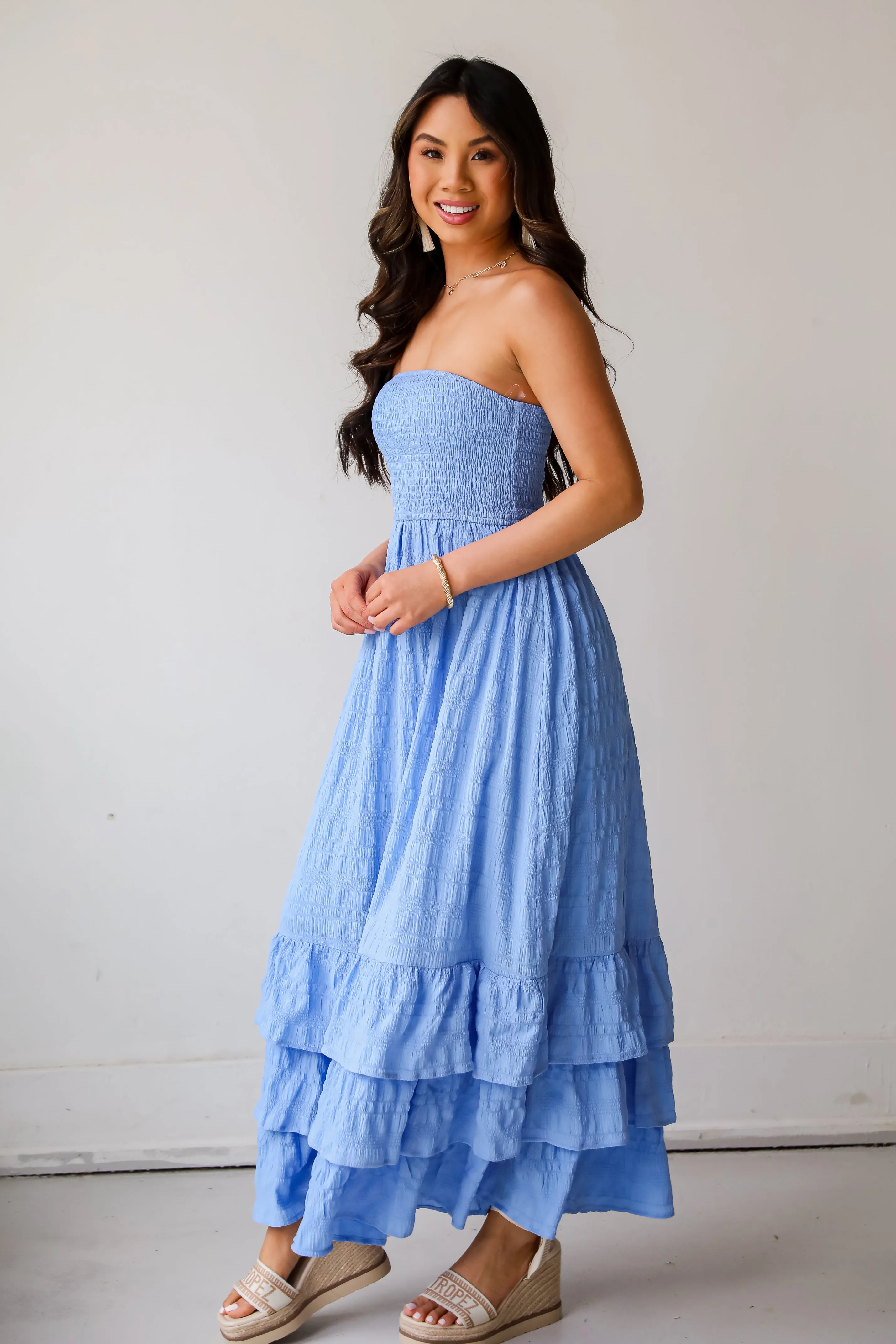 Sweetest Presence Blue Smocked Strapless Maxi Dress