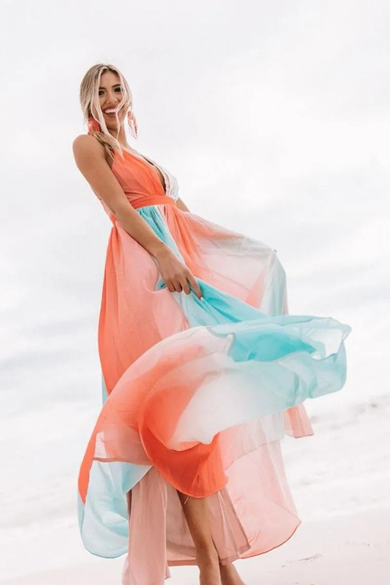 TastyHottie - Orange Rainbow Chiffon Maxi Beach Dress