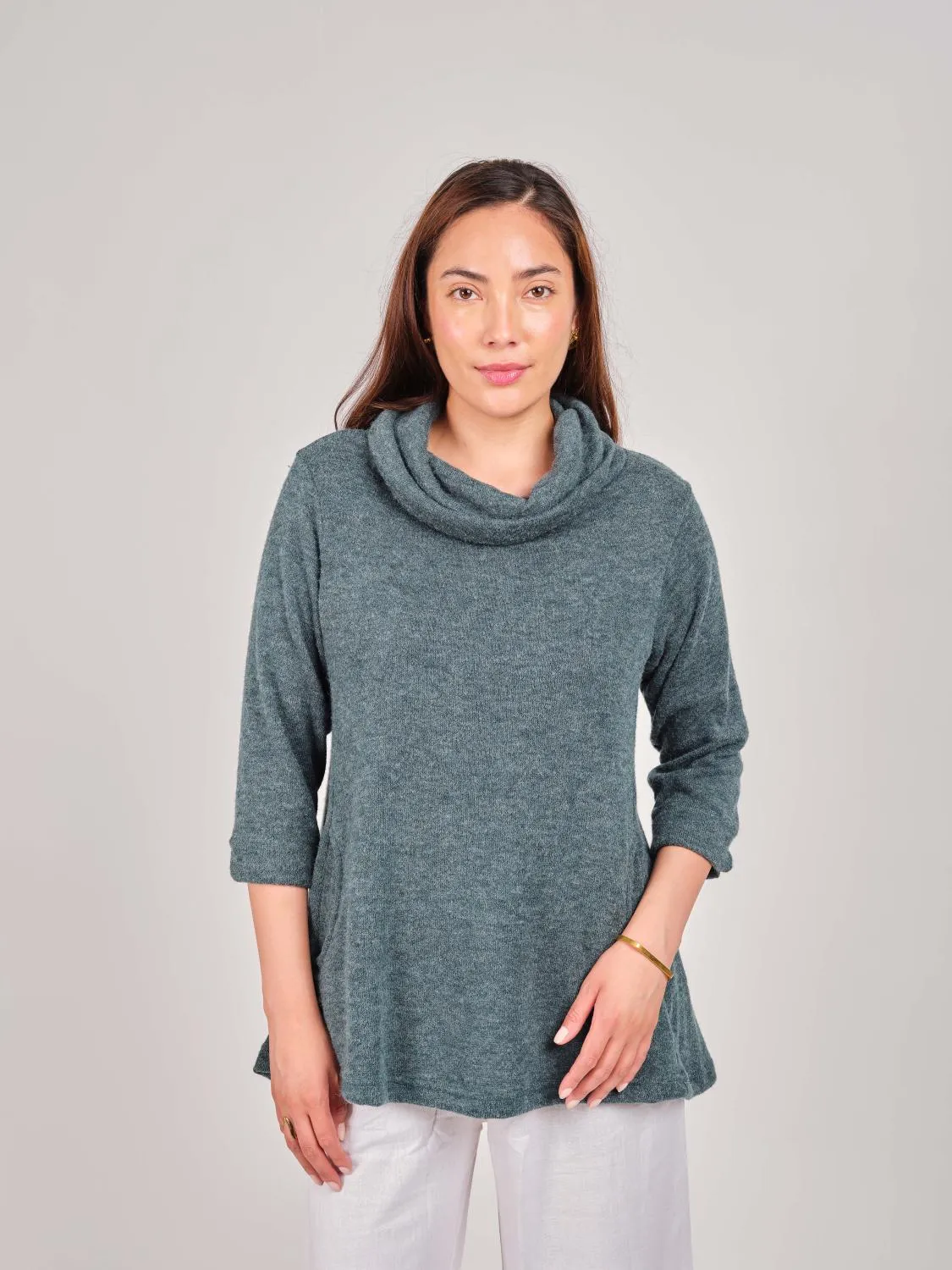 Teal Cowl Neck Pocket Sweater