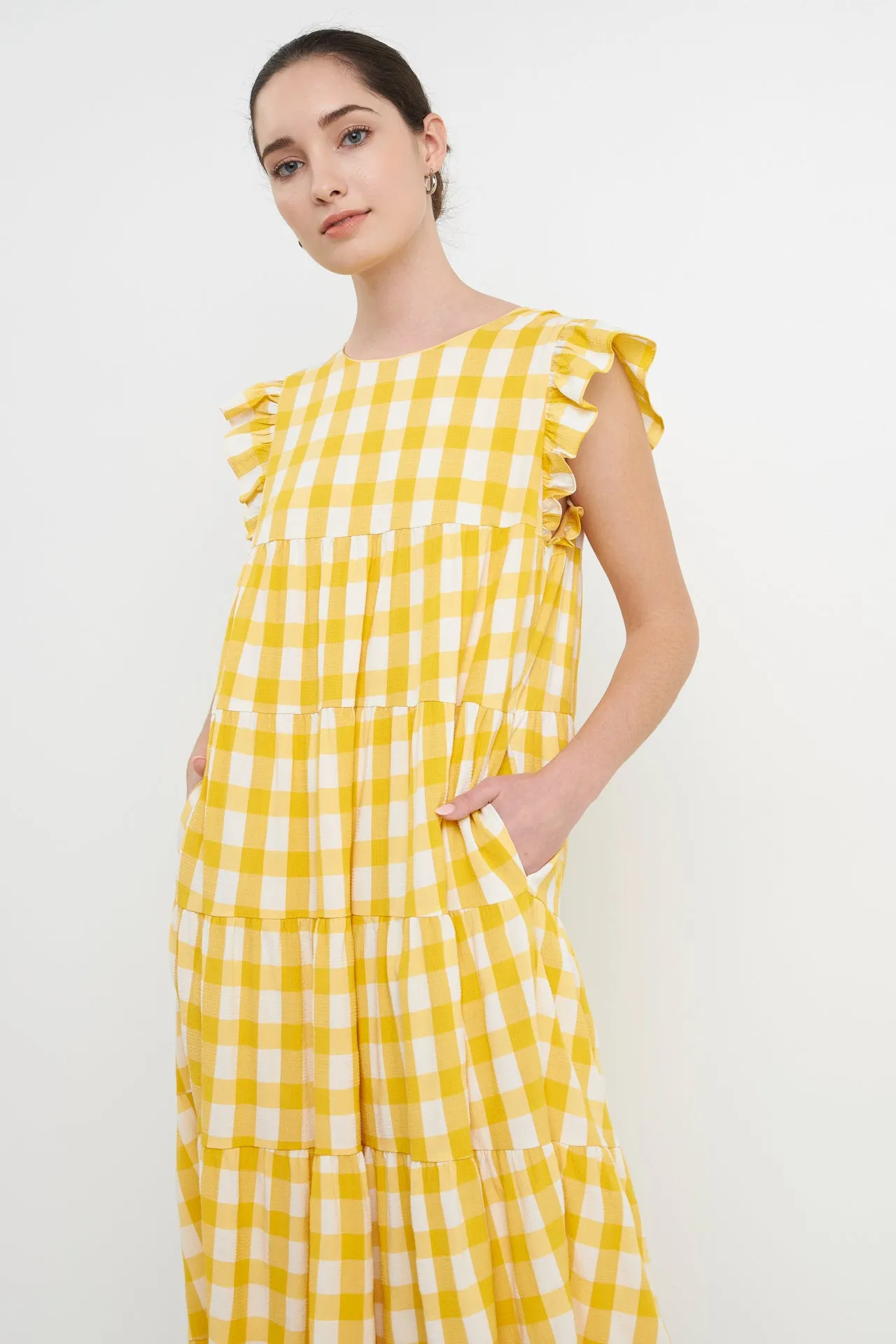 Textured Gingham Maxi Tiered Baby Doll Dress