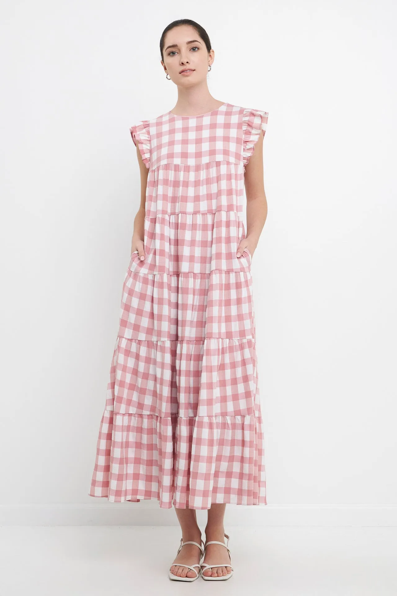 Textured Gingham Maxi Tiered Baby Doll Dress