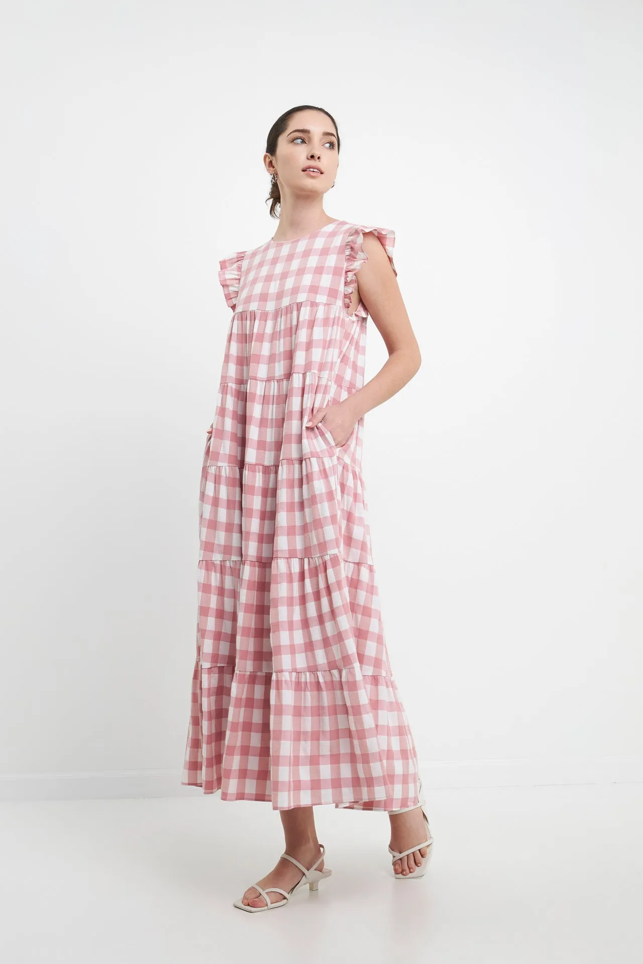 Textured Gingham Maxi Tiered Baby Doll Dress