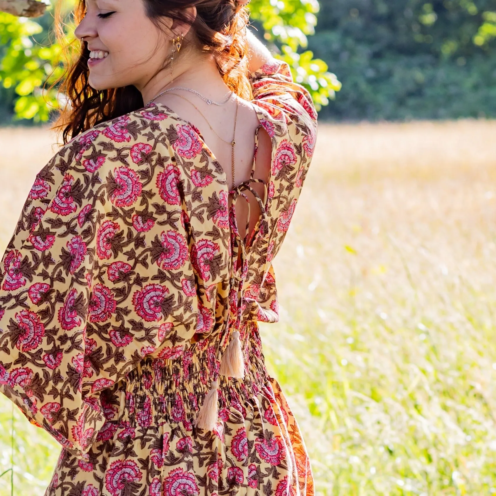 Thalia Dress | Block Print Cotton | Sunshine Peony - Ex Display