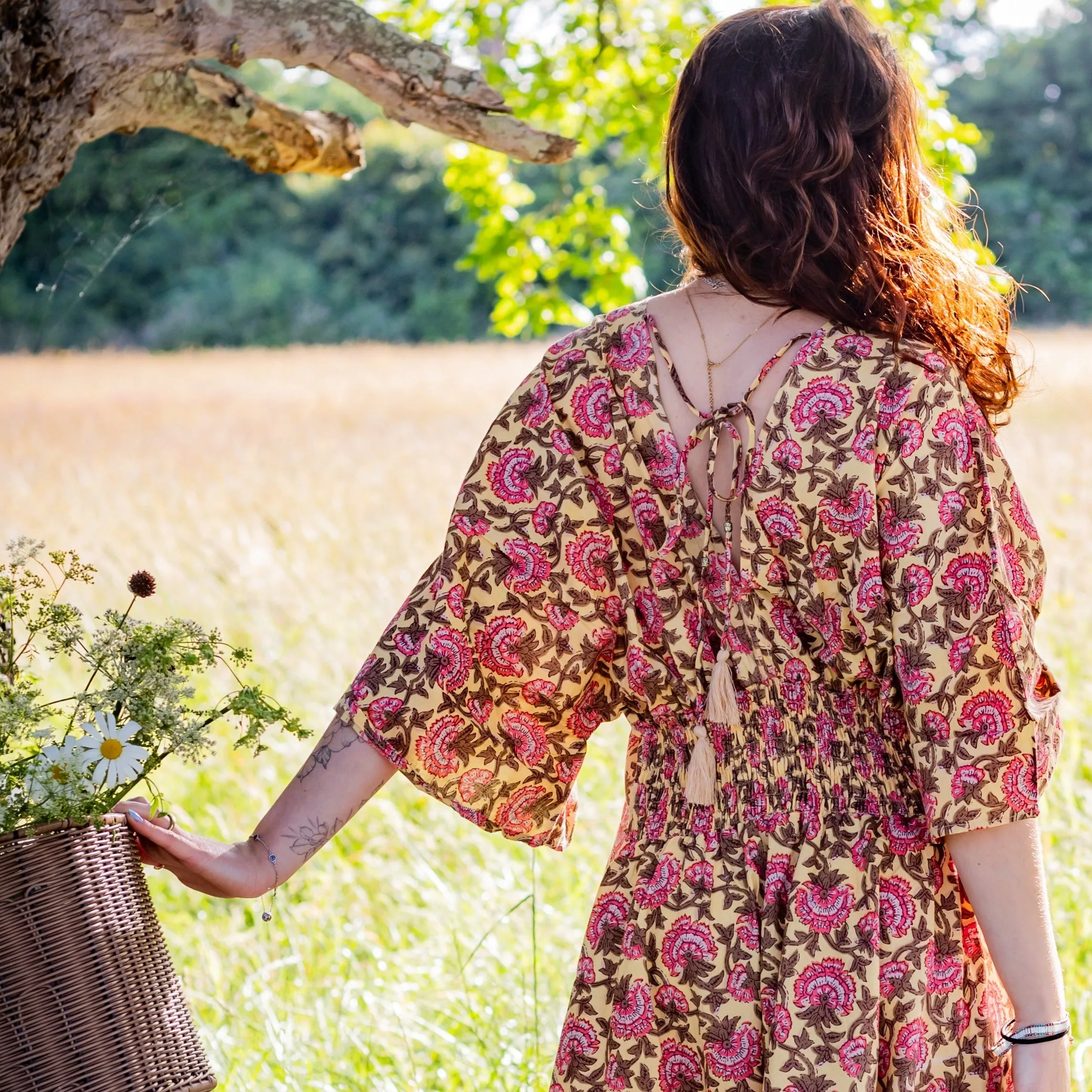 Thalia Dress | Block Print Cotton | Sunshine Peony - Ex Display