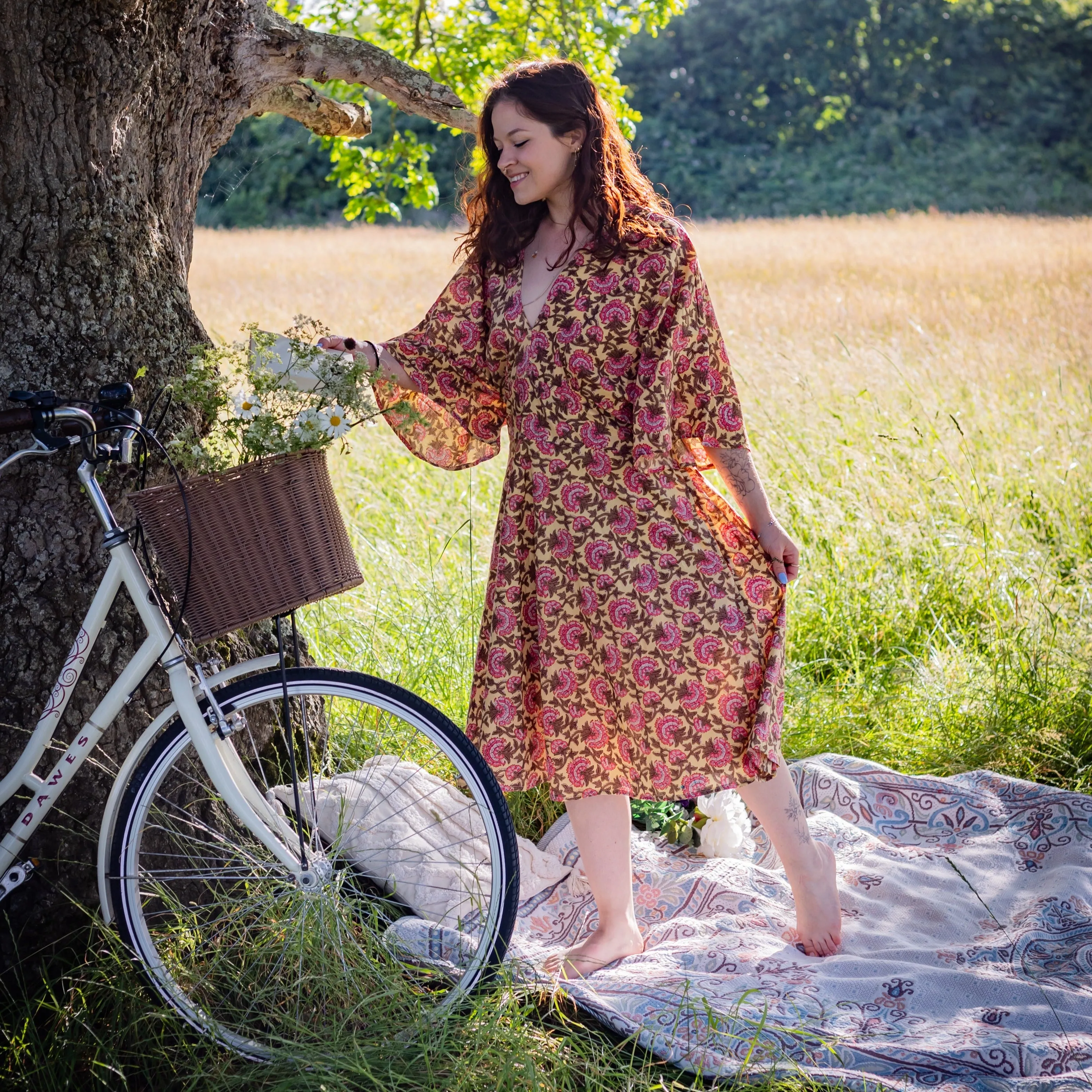 Thalia Dress | Block Print Cotton | Sunshine Peony - Ex Display