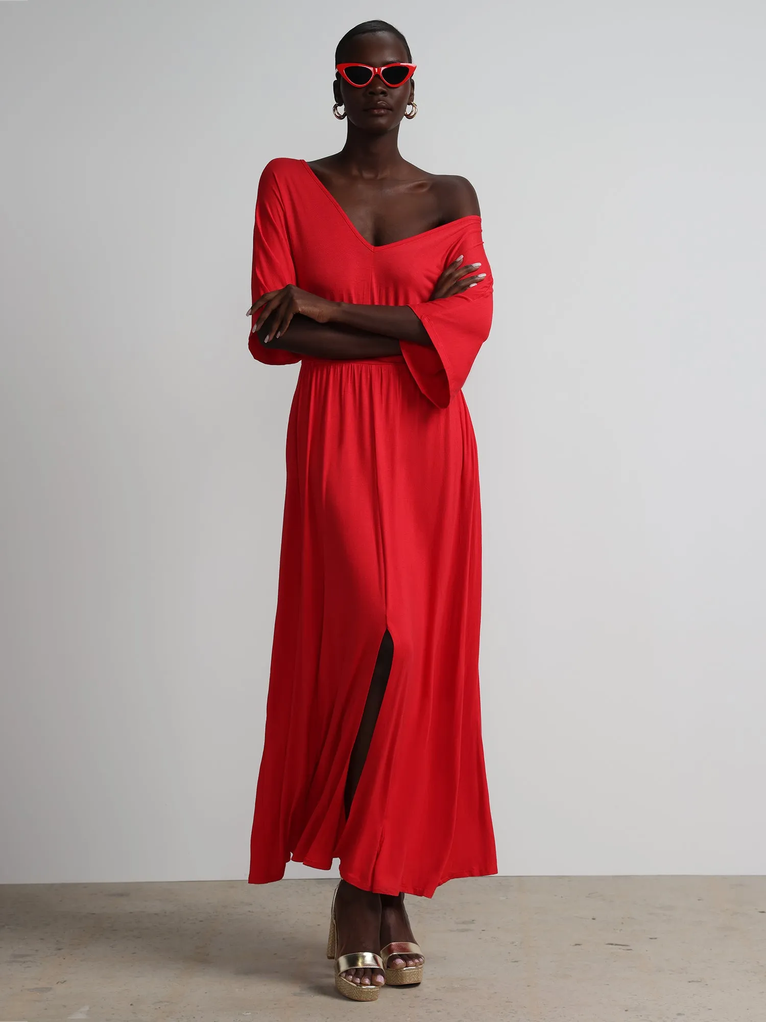 V-Neck Front Slit Maxi Dress