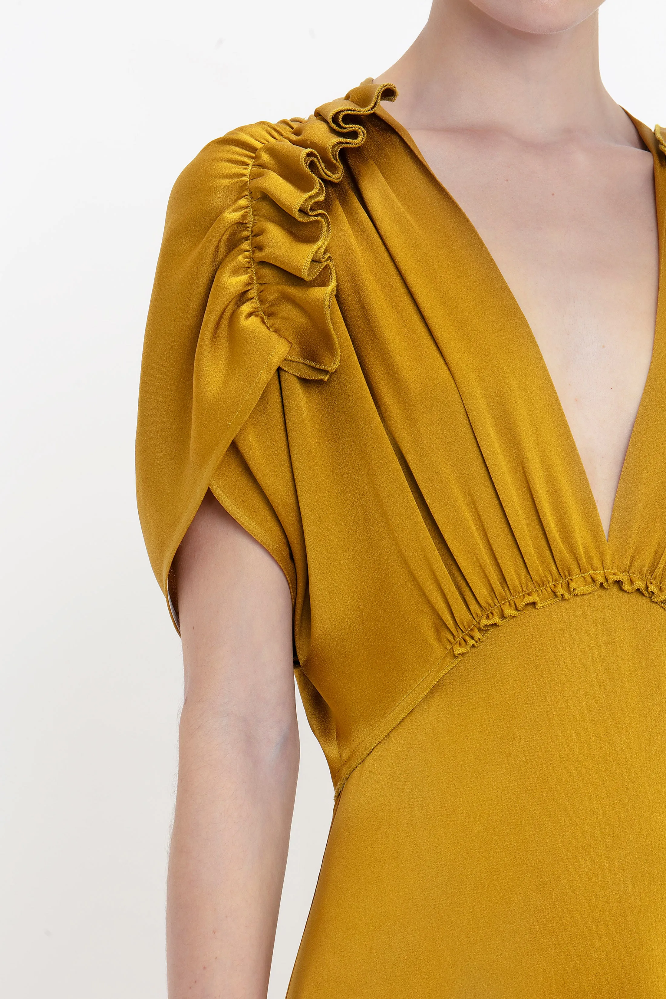 V-Neck Ruffle Midi Dress In Harvest Gold