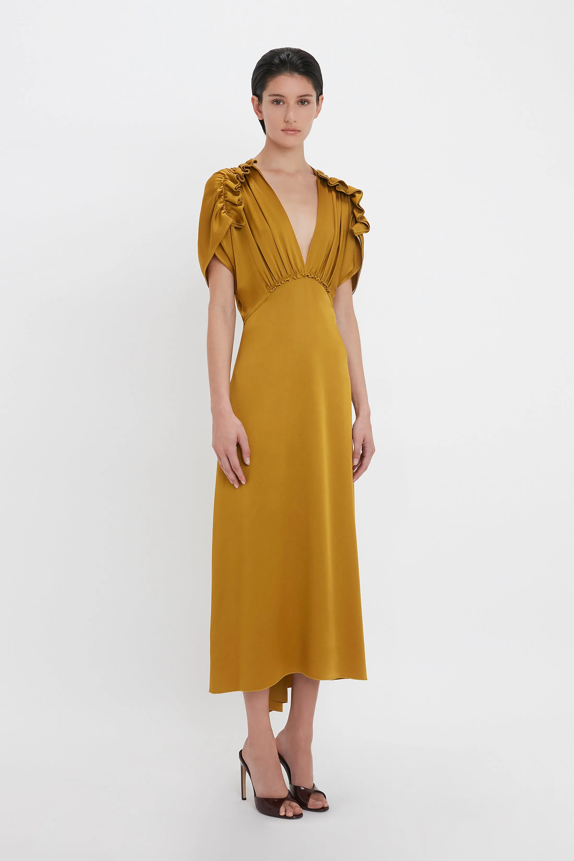 V-Neck Ruffle Midi Dress In Harvest Gold