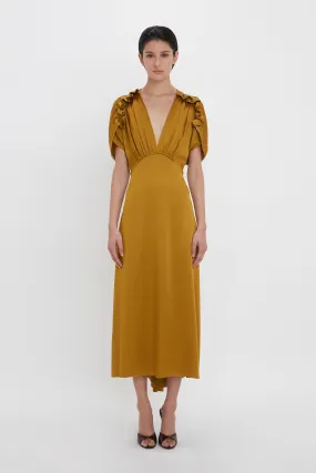 V-Neck Ruffle Midi Dress In Harvest Gold