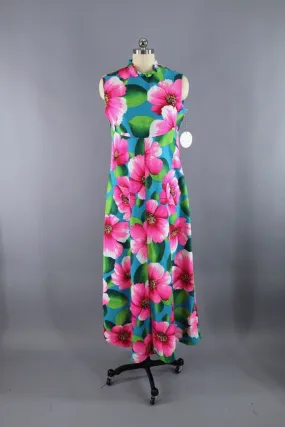 Vintage 1960s Pink Floral Print Hawaiian Maxi Dress