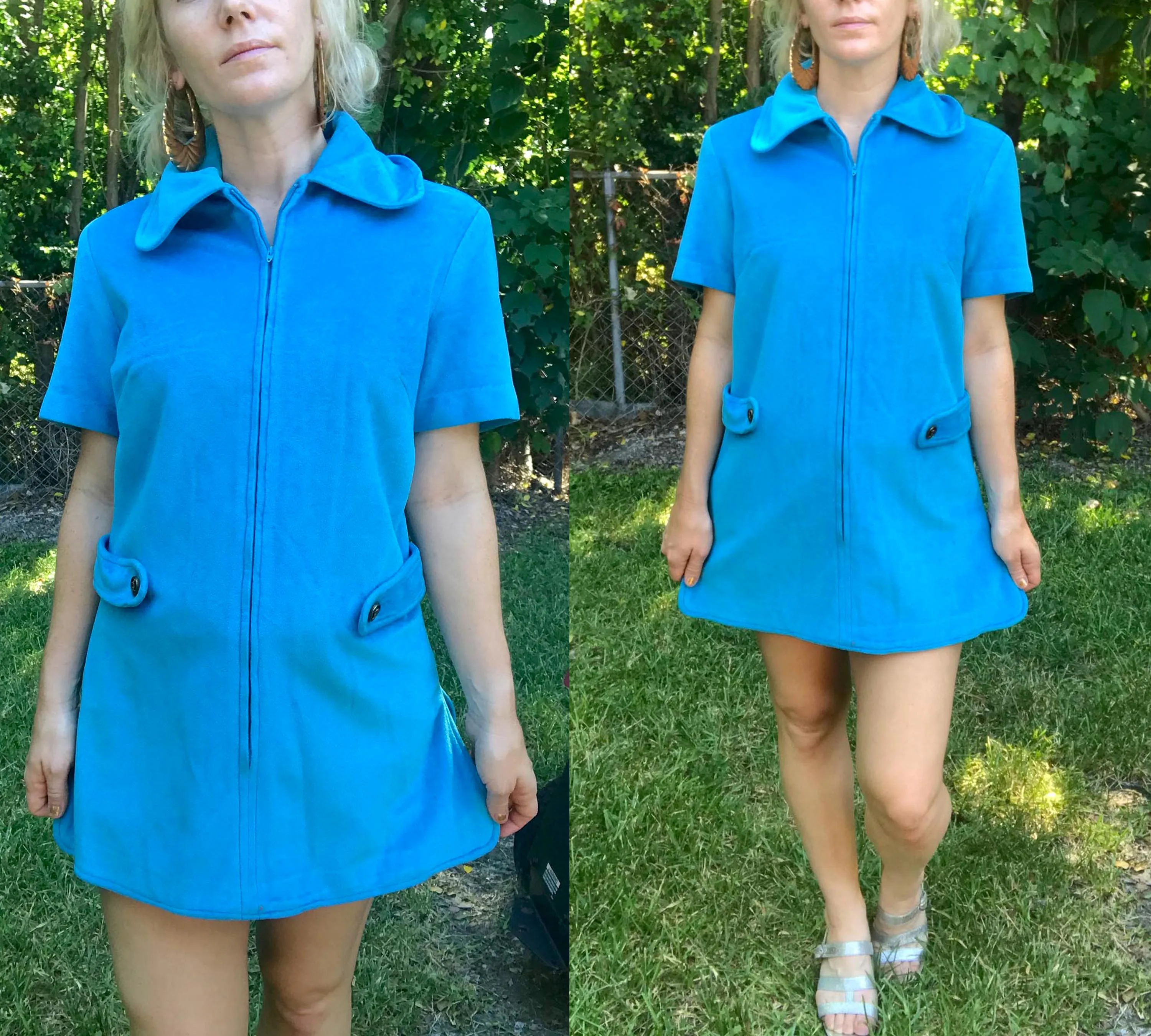 Vintage 60s 70s | Blue Velour GoGo Mod Scooter Zip Up Groovy Mini dress | M