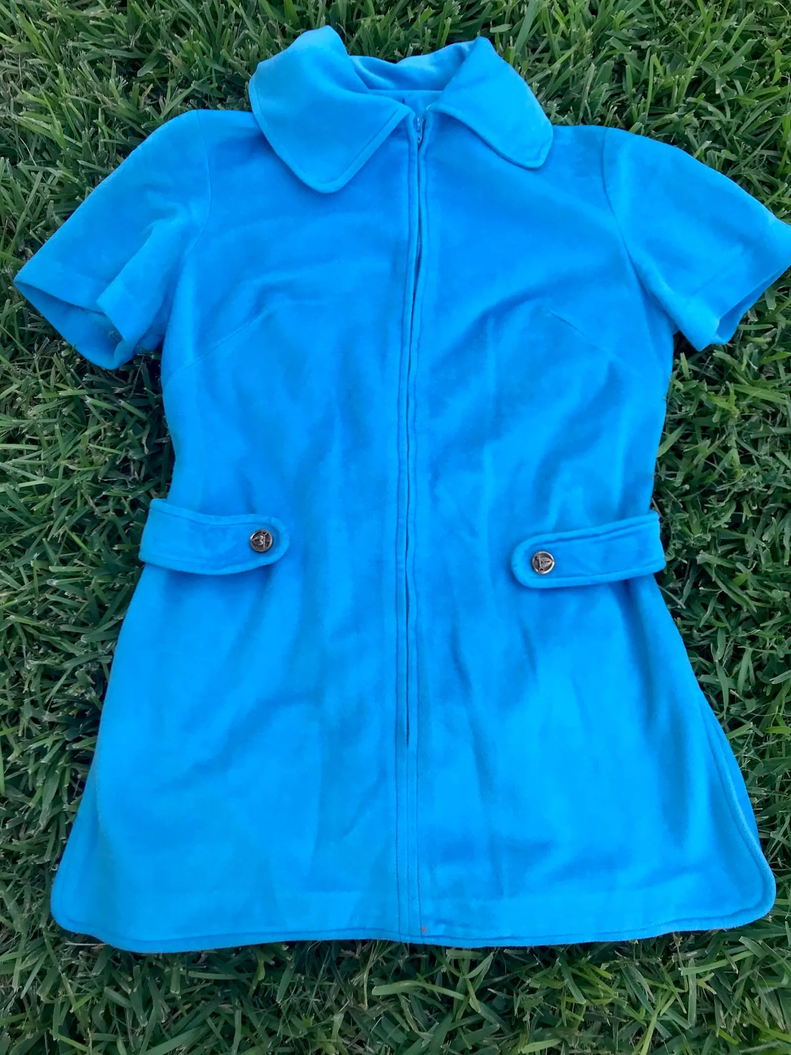 Vintage 60s 70s | Blue Velour GoGo Mod Scooter Zip Up Groovy Mini dress | M