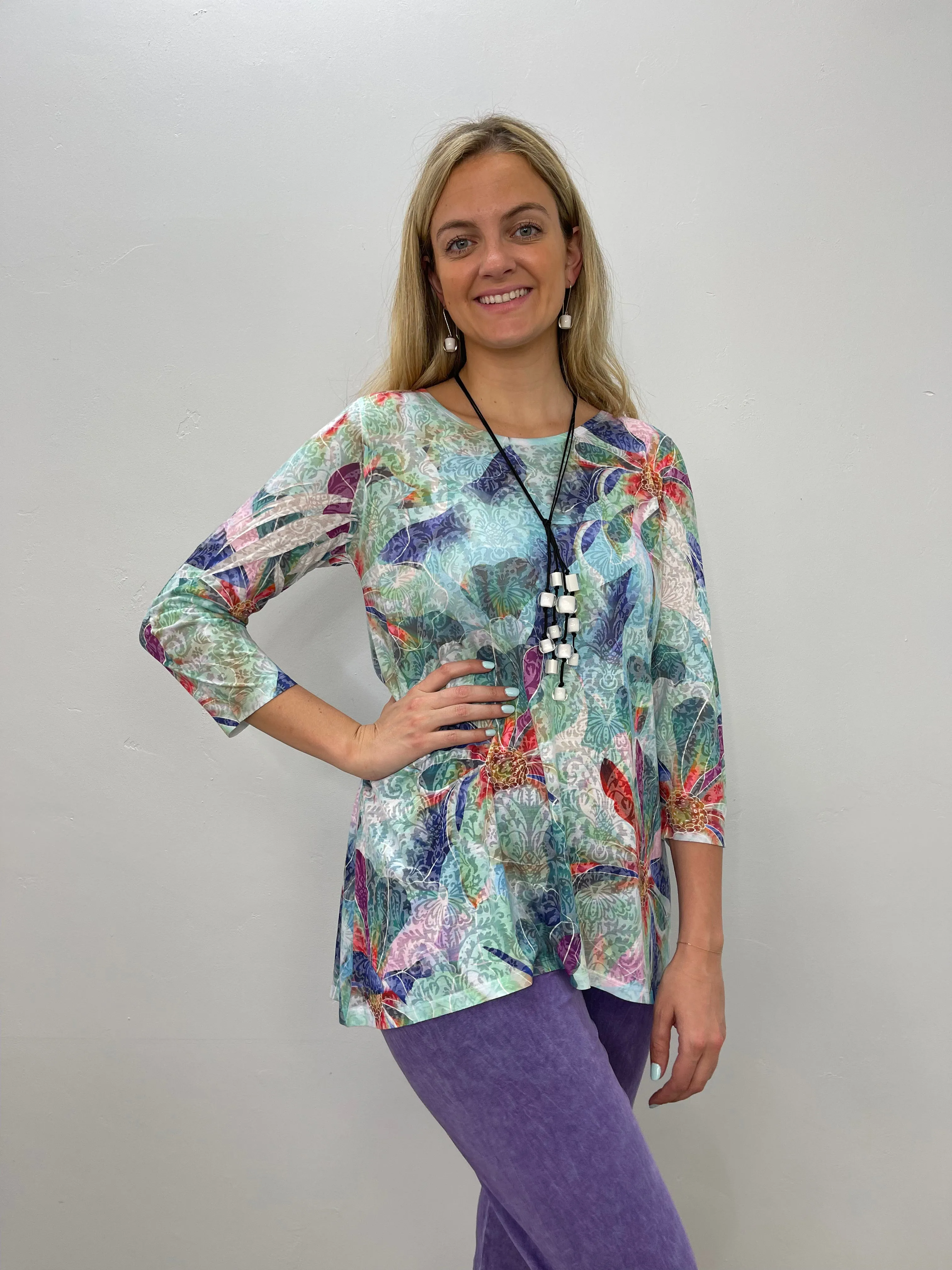 Watercolor Floral 3/4 Sleeve Crew Neck Burnout Tunic