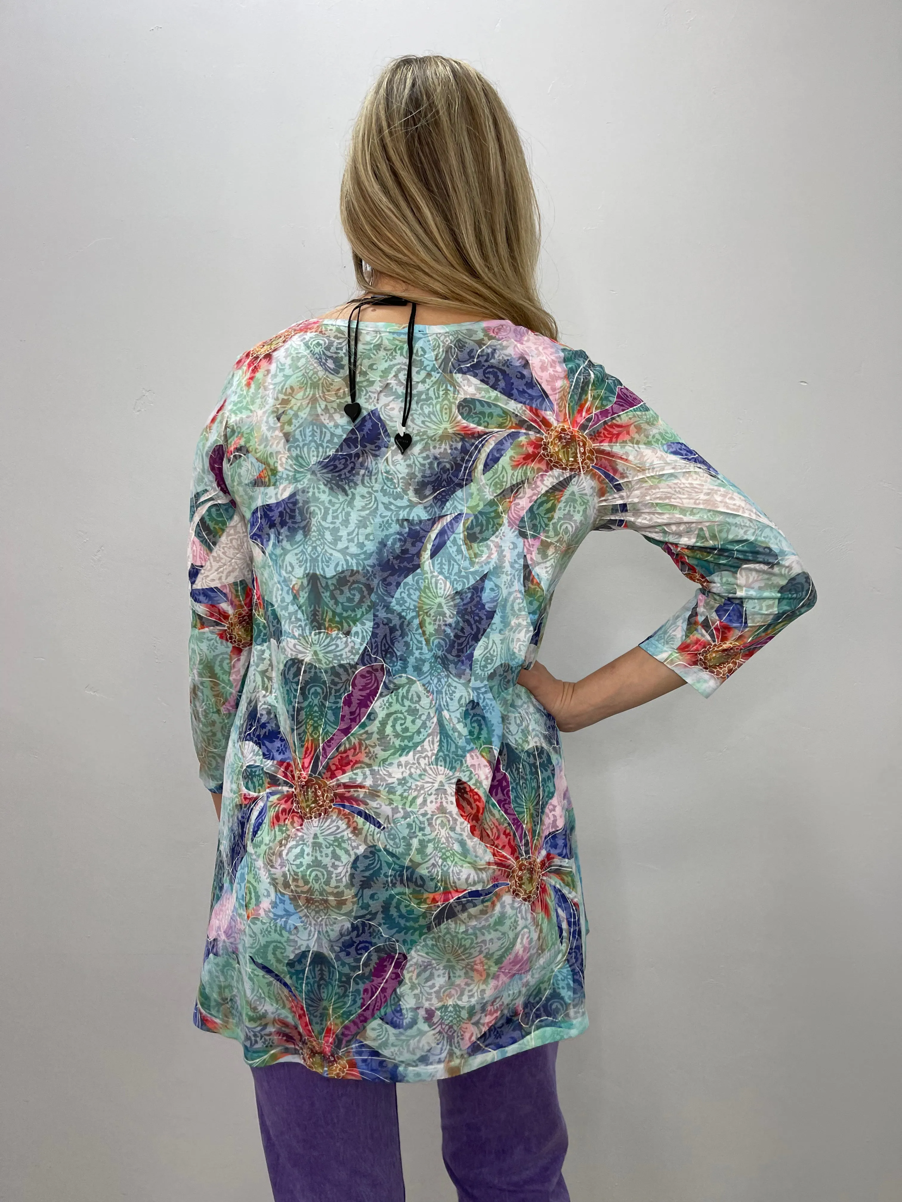 Watercolor Floral 3/4 Sleeve Crew Neck Burnout Tunic