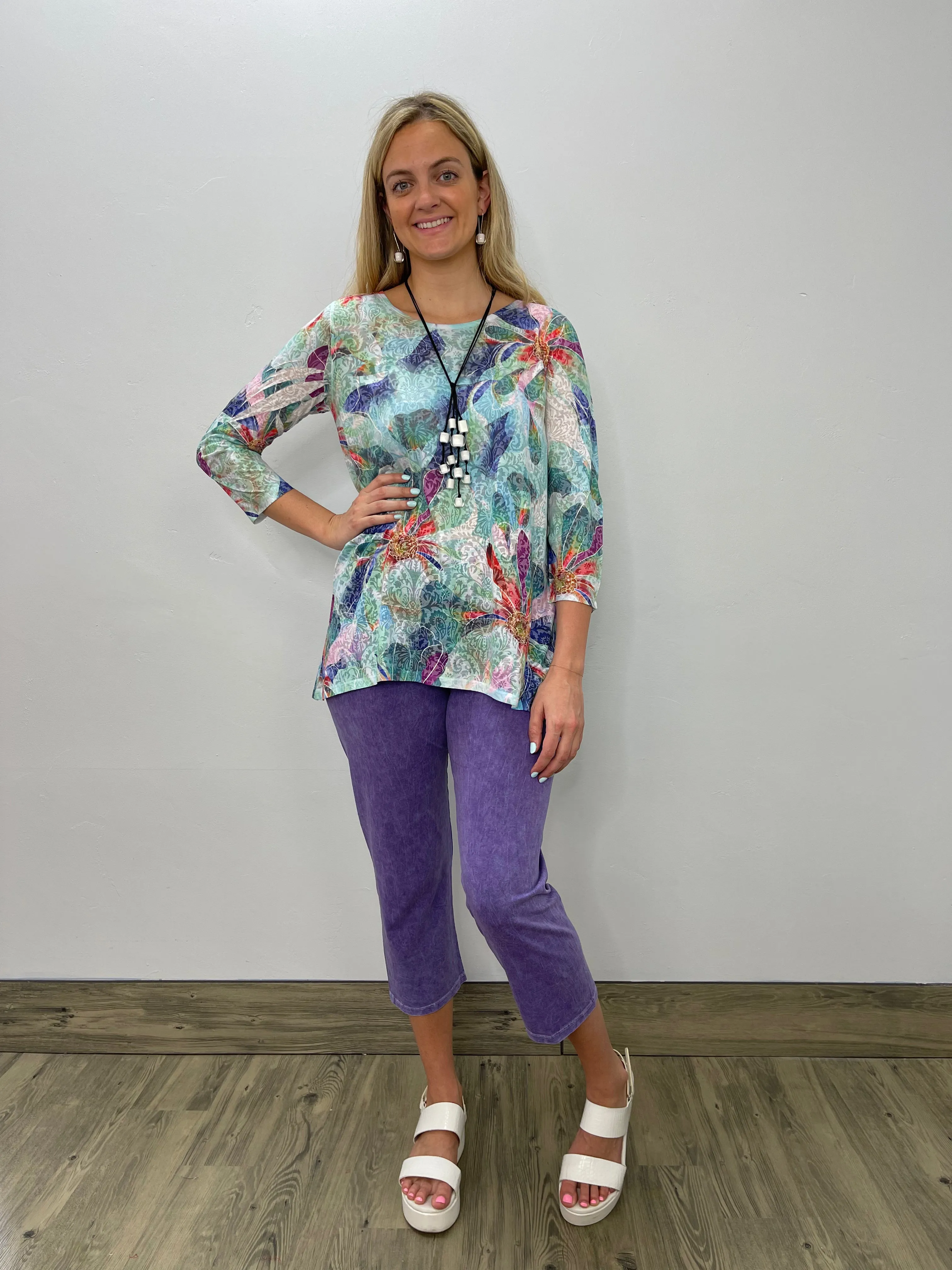 Watercolor Floral 3/4 Sleeve Crew Neck Burnout Tunic