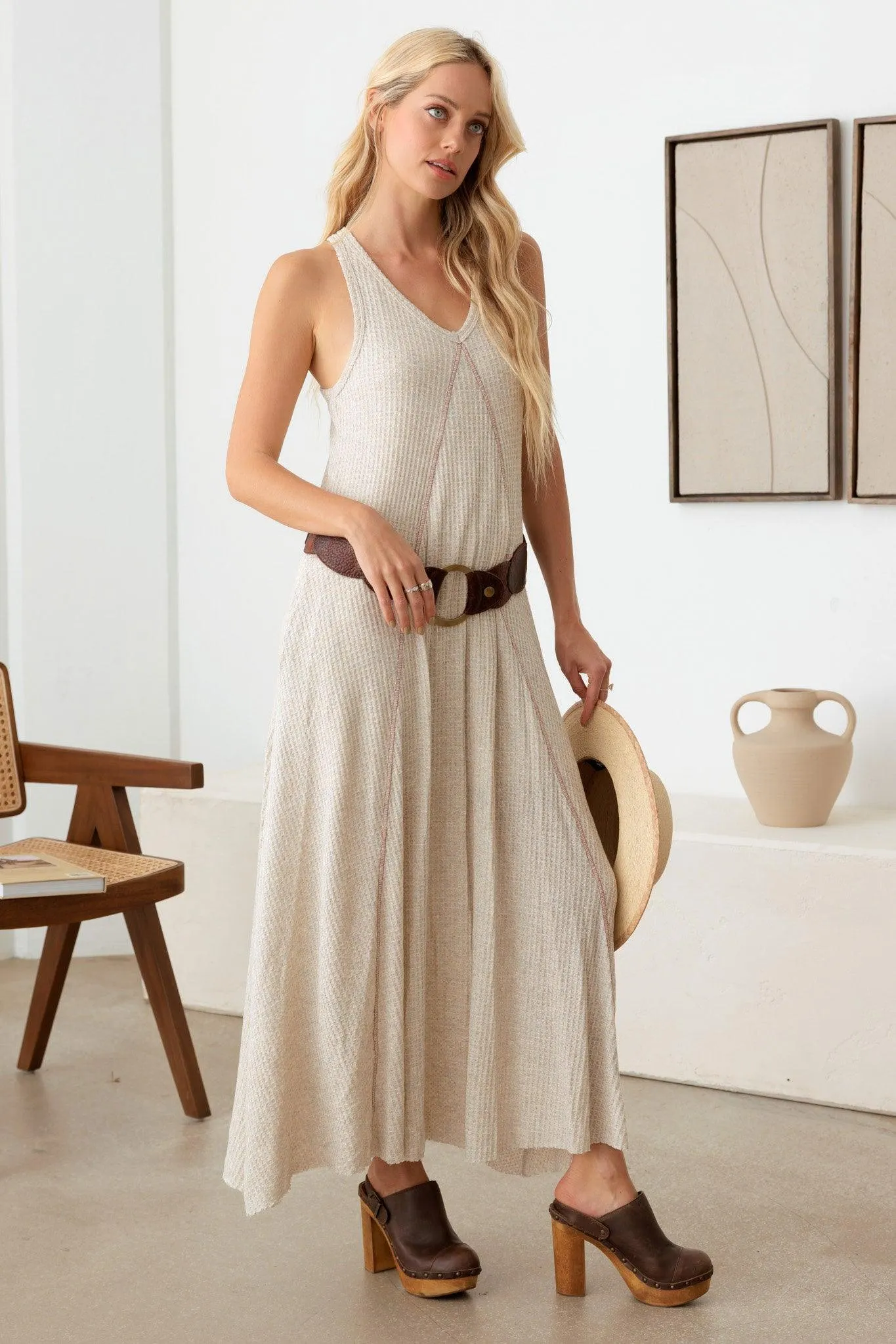 Western Boho Waffle Hip Pocket Maxi Dress