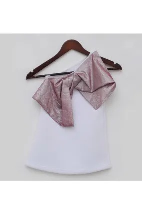 White Shimmery Bow Embellished One Shoulder Lycra Dress