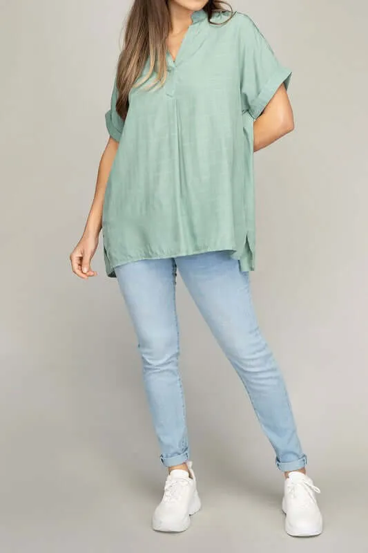 White Strip / Green  Henley Neck Short Sleeves Shirt