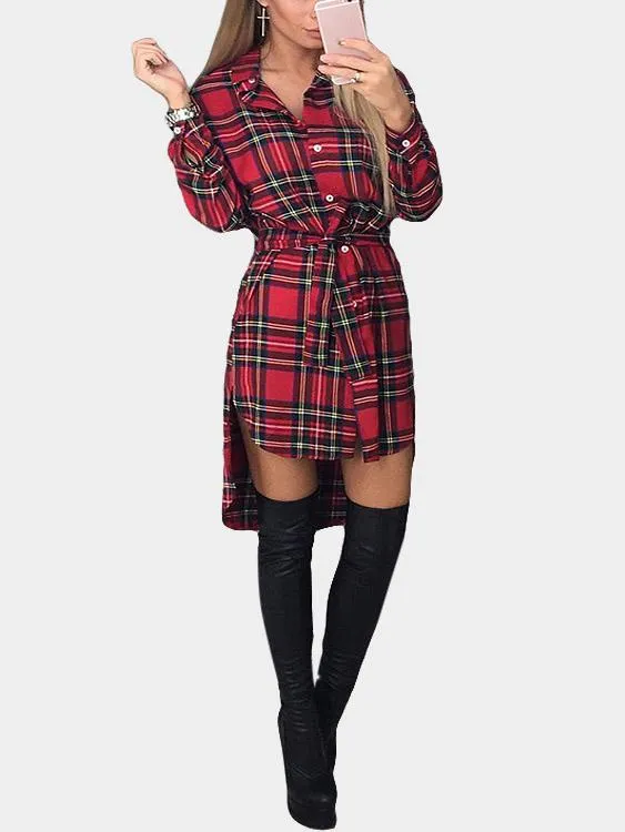 Wholesale Classic Collar Long Sleeve Grid Slit Hem Shirt Dress