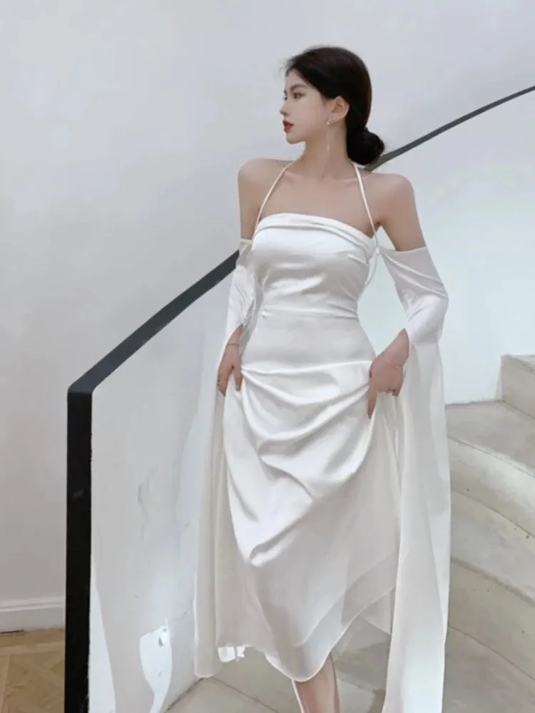 Women Summer Elegant Satin Silky Off Shoulder Slim White Cocktail Dress Lady Party Maxi Dress vestidos de fiesta para bodas X4437450