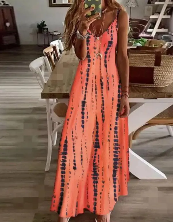Women Tie Dye Print Colorblock V-Neck Maxi