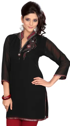 Womens Kurti Black Tunic Top Hand Embroidered Beaded (Black)