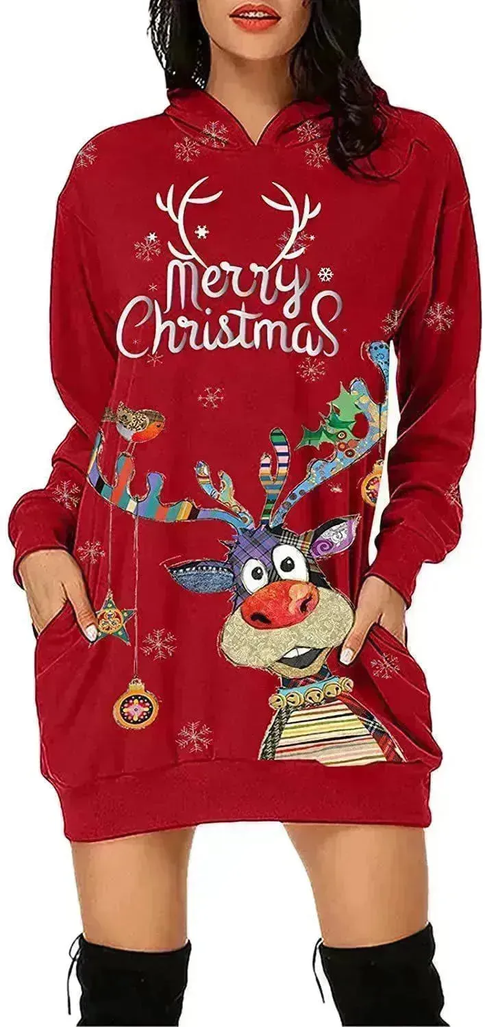 Women's Long-sleeved Christmas Hoodie Sweatshirt Dress Winter