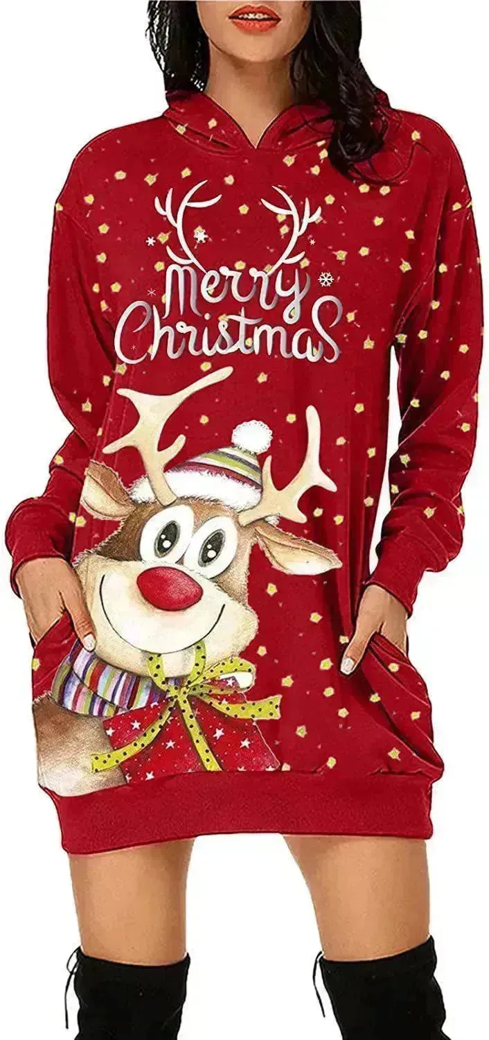 Women's Long-sleeved Christmas Hoodie Sweatshirt Dress Winter