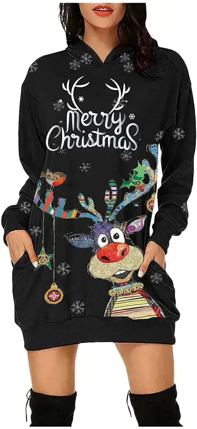 Women's Long-sleeved Christmas Hoodie Sweatshirt Dress Winter