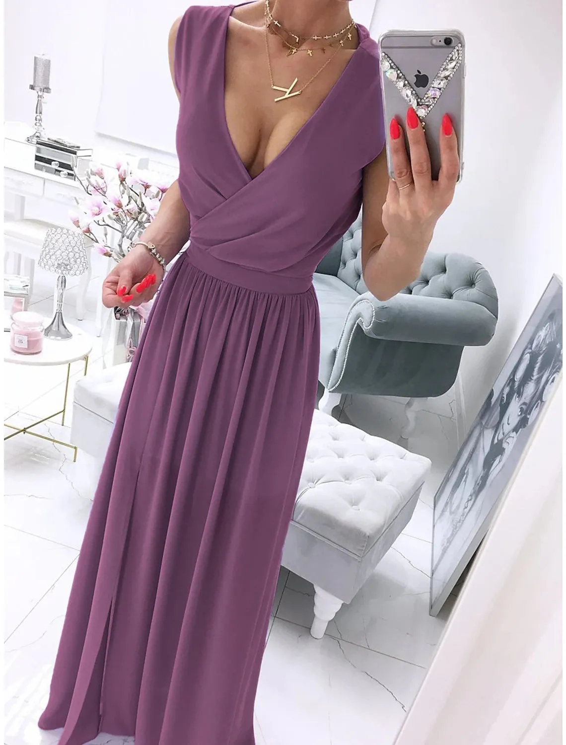 Women's Party Dress Holiday Dress Swing Dress Long Dress Maxi Dress Leather Pink White Light Green Sleeveless Pure Color Split Spring Summer V Neck Vacation Party Wedding Guest Date