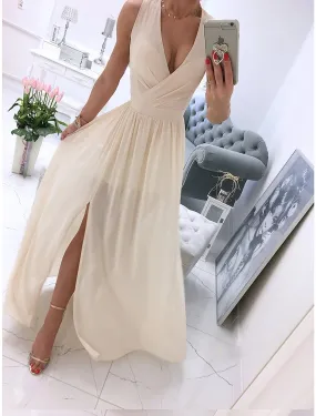 Women's Party Dress Holiday Dress Swing Dress Long Dress Maxi Dress Leather Pink White Light Green Sleeveless Pure Color Split Spring Summer V Neck Vacation Party Wedding Guest Date