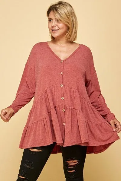 Women's Plus Size Solid Long Sleeves Button Up Swing Tunic Top With Ruched Detail