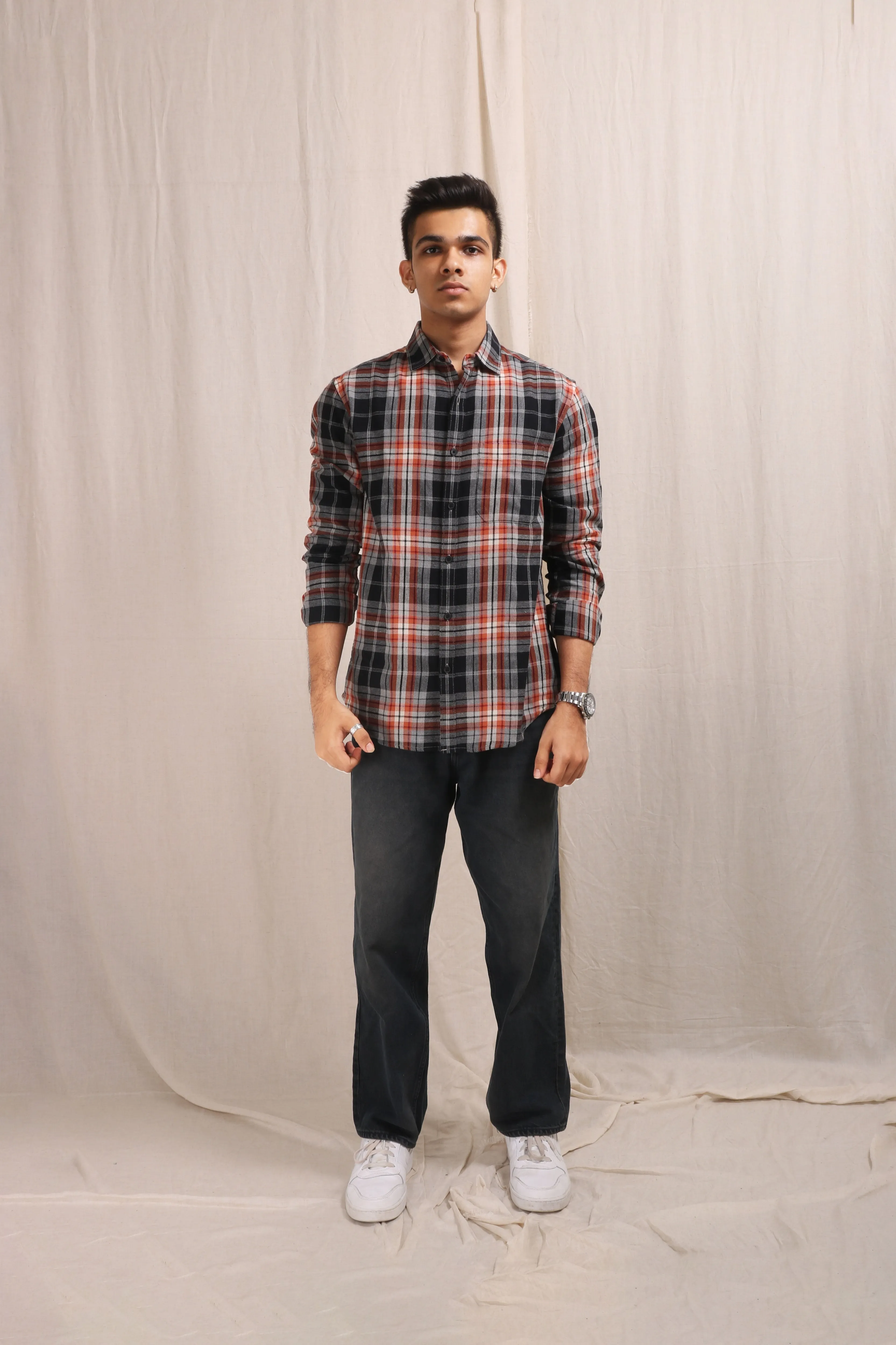 XKIND ORANGE FLANNEL CHECKS REGULAR FIT SHIRT