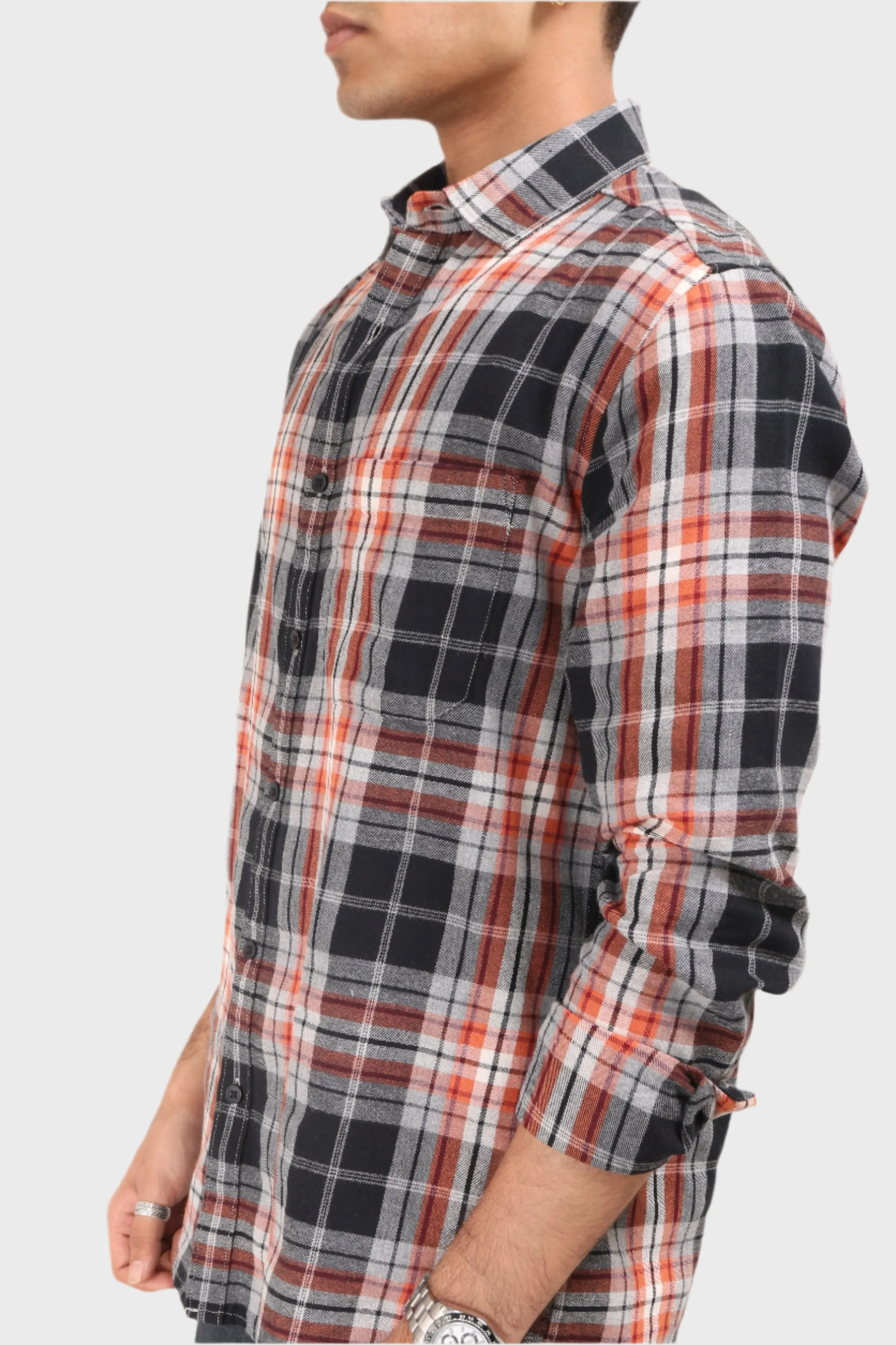 XKIND ORANGE FLANNEL CHECKS REGULAR FIT SHIRT