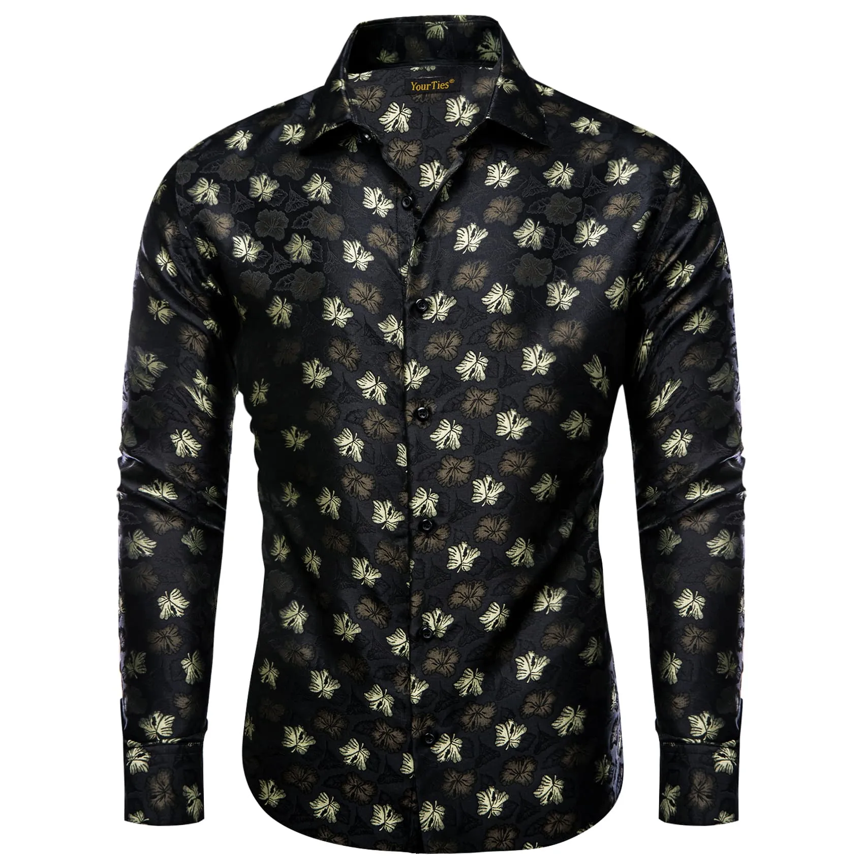 YourTies Black Shirt Jacquard Beige Tan Floral  Men's Button Up Shirt